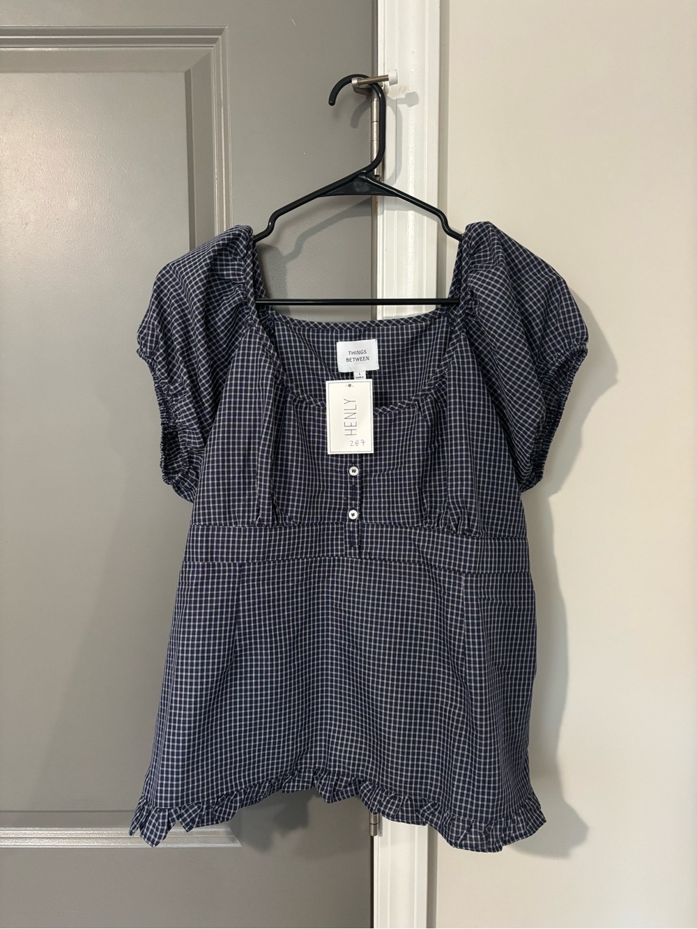 NWT Things Between Plaid Puff Sleeve Top
